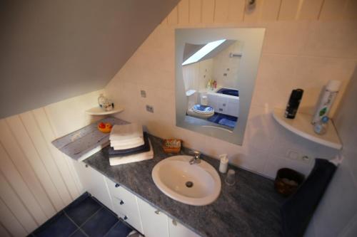 une salle de bain avec un lavabo et un miroir dans l'établissement Blandine & Christian, à Saint-Judoce