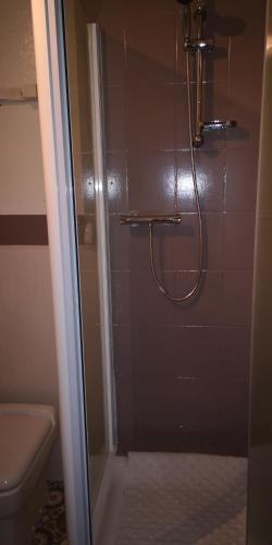a shower with a glass door in a bathroom at La Cour Du Puits Chambre Matcha in Cormeilles