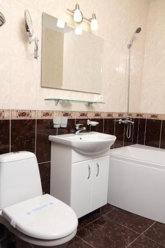 a bathroom with a toilet and a sink and a mirror at Hotel Aristokrat in Poltava
