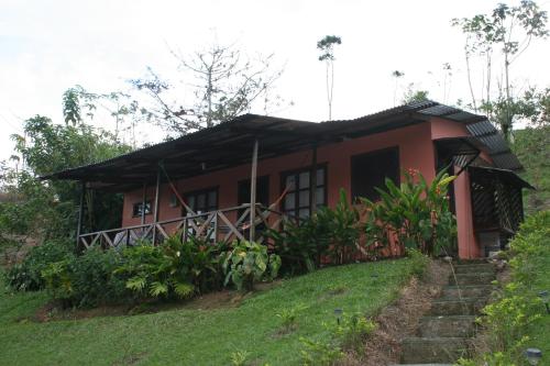 a small house on a hill with stairs leading to it at Cabañas Colibrí Tayutic in Turrialba