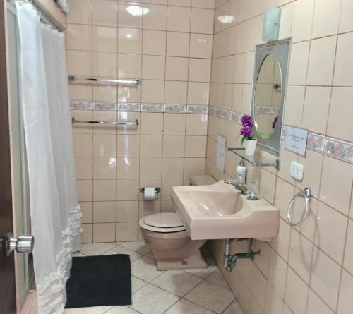 a bathroom with a sink and a toilet and a mirror at Lima Mini Aparts Monterrico - Cerca Embajada EEUU in Lima