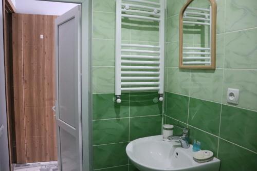 a green bathroom with a sink and a mirror at HOMEWOOD in Stepantsminda