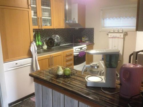 a kitchen with a counter with a mixer and vegetables on it at Bergsviksvägen 5, Munkedal in Munkedal