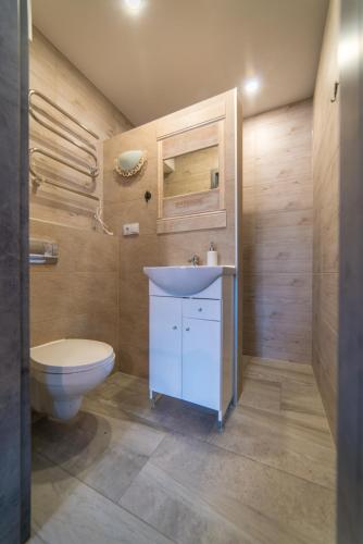 a bathroom with a white sink and a toilet at Apartamenty pod Gromadzyniem in Ustrzyki Dolne