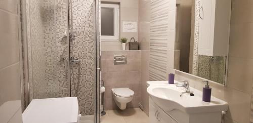 a bathroom with a shower and a toilet and a sink at Apartment Jurat in Vodice