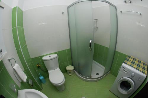 薩蘭達的住宿－Gelsi Apartments，绿色和白色的浴室设有卫生间和淋浴。