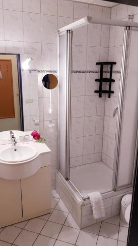 a bathroom with a shower and a sink and a toilet at Hotel Altberesinchen in Frankfurt/Oder