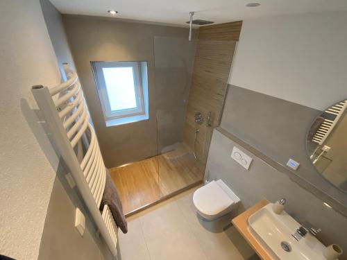 an overhead view of a bathroom with a toilet and a sink at FeWo am Osthafen in Überlingen