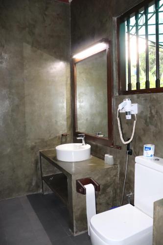 a bathroom with a sink and a toilet and a mirror at Goyambokka Guesthouse in Tangalle