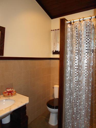 a bathroom with a toilet and a shower curtain at Country Ville Hotel in Teresópolis