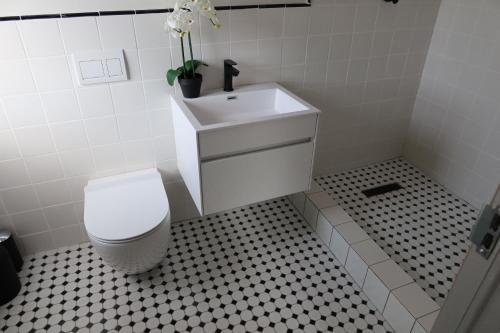 a bathroom with a white toilet and a sink at 55 on Main Guesthouse and Spa in Fish hoek