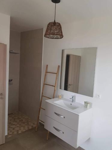 a bathroom with a white sink and a mirror at La kazanou in Saint-Joseph