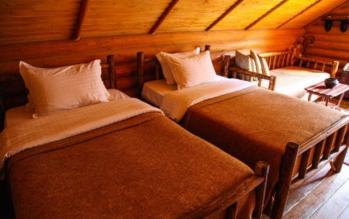 ボロフタにあるHotel Khatky Ruslanyの木造キャビン内のベッドルーム1室(ベッド2台付)