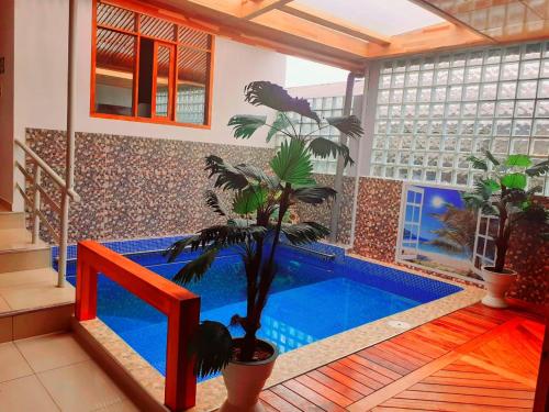 a swimming pool in a house with a plant in it at Hotel Golden Star in Iquitos