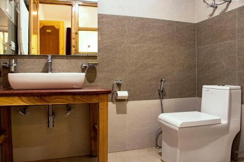 a bathroom with a sink and a toilet and a mirror at Tushita Ladakh in Leh