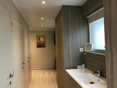 een badkamer met een wastafel en een raam bij Hill44 in Zonnebeke