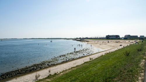 a beach with a group of people in the water at Chalet Casden 108 - Krabbenkreek in Sint Annaland