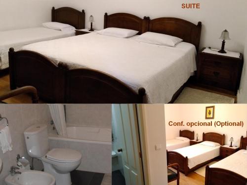 2 fotos de un dormitorio con cama y baño en Quinta Do Alves, en Paços de Ferreira
