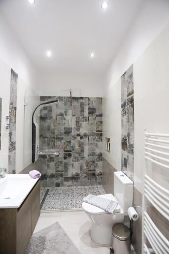 a bathroom with a toilet and a sink and a shower at Olive Grove Deluxe apartment in Agnítsini