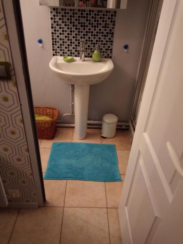 baño con lavabo y alfombra azul en Chez Sylvie et claude, en Milly-sur-Thérain