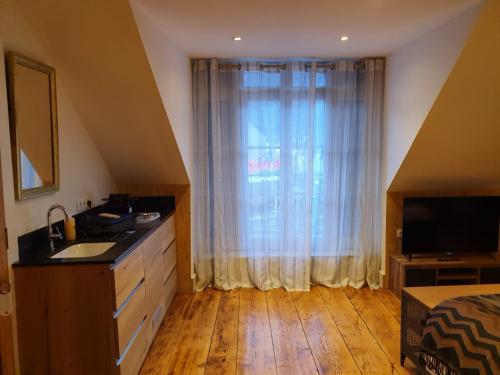 a bedroom with a sink and a large window at LE 41 AVENUE FOCH in Luchon