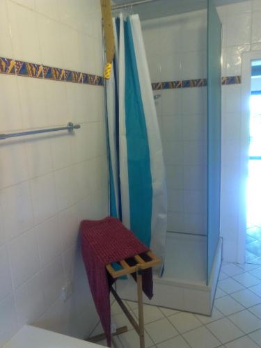 a bathroom with a shower and a towel on a stool at FeWo Gelnhausen in Gründau