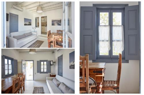 two pictures of a living room and dining room at 9 Muses Exclusive Apartments in Grikos