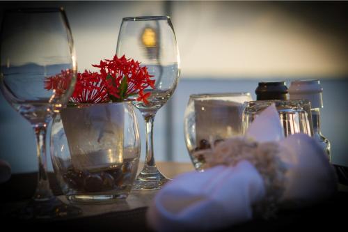 a table with glasses and a vase with a red flower in it at Den Laman - Balloonfish in Kralendijk