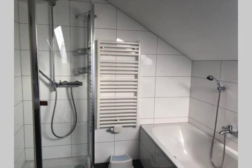 ein Badezimmer mit einer Dusche, einer Badewanne und einem Waschbecken in der Unterkunft Haus Altenburg in Innsbruck