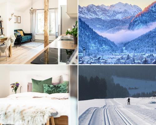 a collage of pictures of a room with a bed and mountains at Fewo-TS / Das Loft zum Wohlfühlen in Traunstein