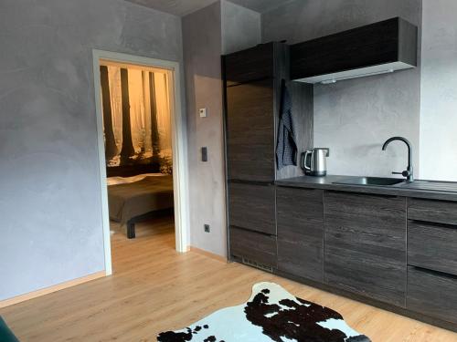 a kitchen with a sink and a counter top at Bergchalet Hinterstoder in Hinterstoder