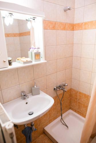 a bathroom with a sink and a mirror and a tub at Muses old town ioannina Calliope in Ioannina