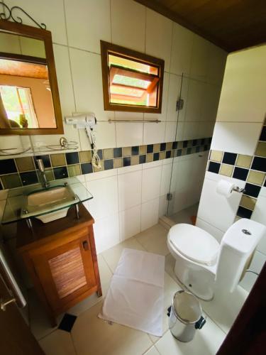 a bathroom with a toilet and a sink and a mirror at Pousada Magia da Montanha in Visconde De Maua