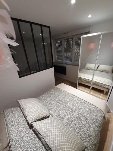 une chambre avec deux lits et un miroir dans l'établissement les lilas, à Ozoir-la-Ferrière