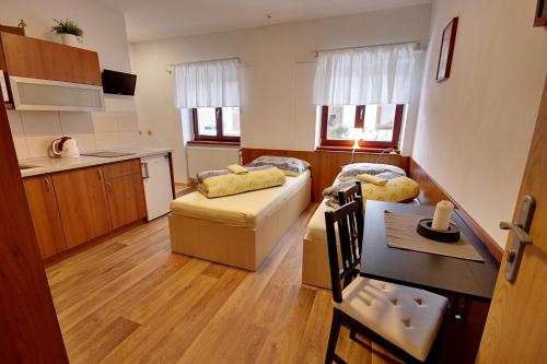 a small room with two beds and a kitchen at Apartmany Kadleců in Volary