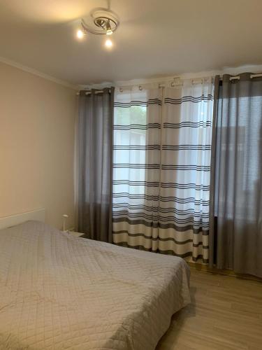 a bedroom with a bed and a window with curtains at 2Raum-Apartment Leznew in Leipzig