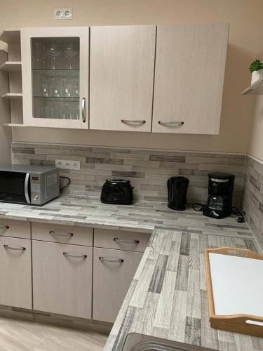 a kitchen with white cabinets and a microwave at 2Raum-Apartment Leznew in Leipzig