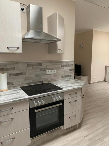 a kitchen with a stove top oven in a room at 2Raum-Apartment Leznew in Leipzig
