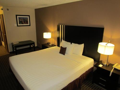 a hotel room with a large white bed with two lamps at Ramada by Wyndham Glendale Heights/Lombard in Glendale Heights