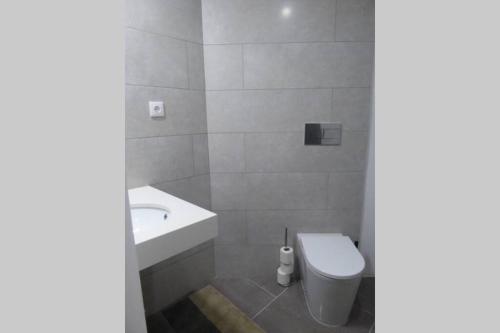 La salle de bains est pourvue de toilettes blanches et d'un lavabo. dans l'établissement Luminous Central Apartment, à Porto
