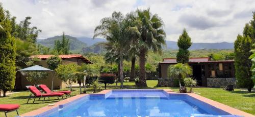 a pool in front of a house with palm trees at Hotel Boutique Bacaanda in Tepoztlán