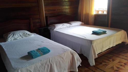 two twin beds in a room with a window at Hostal Recuerdos del Tayrona in El Zaino