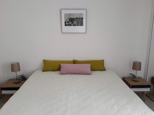 1 cama blanca con almohada rosa y 2 lámparas en Luminoso con ubicación estratégica en Salta