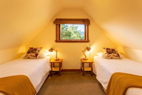 2 camas individuales en una habitación con ventana en Kahere Retreat en Franz Josef