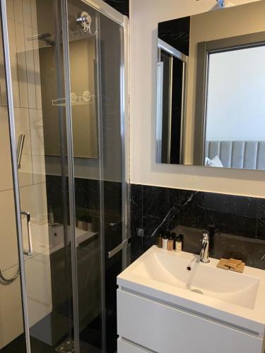 a bathroom with a sink and a glass shower at Otivm Hotel in Rome