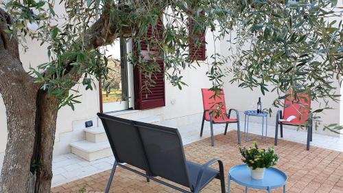 a patio with chairs and tables and a tree at Tra gli ulivi in Putignano
