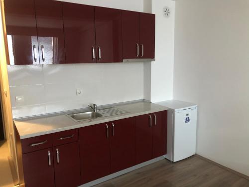 a kitchen with brown cabinets and a sink and a refrigerator at Number 9 in Kumanovo