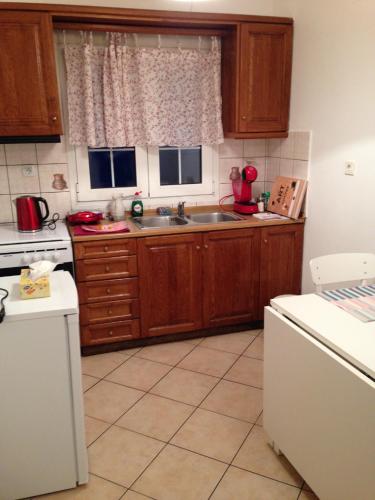 a kitchen with wooden cabinets and a sink at Nice Apartment 1 - City Center in Kalabaka