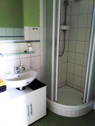 a bathroom with a sink and a shower at Apartmán 4U Olomouc in Olomouc