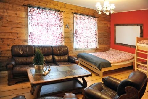 a living room with leather furniture and a bed at Apartament Dobry klimat in Miedzygorze